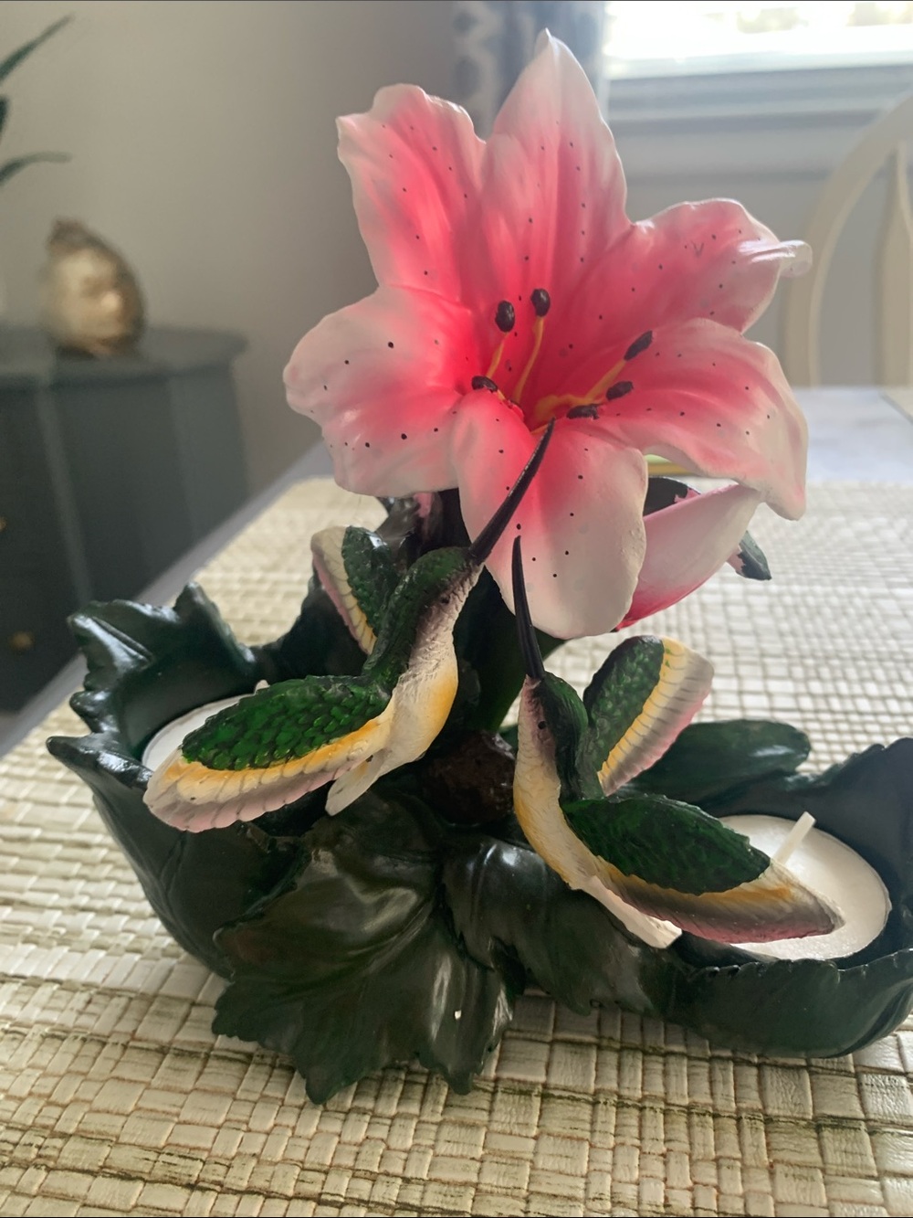 Pink Lily and Hummingbird Decorative Candle Holder - Home Accents